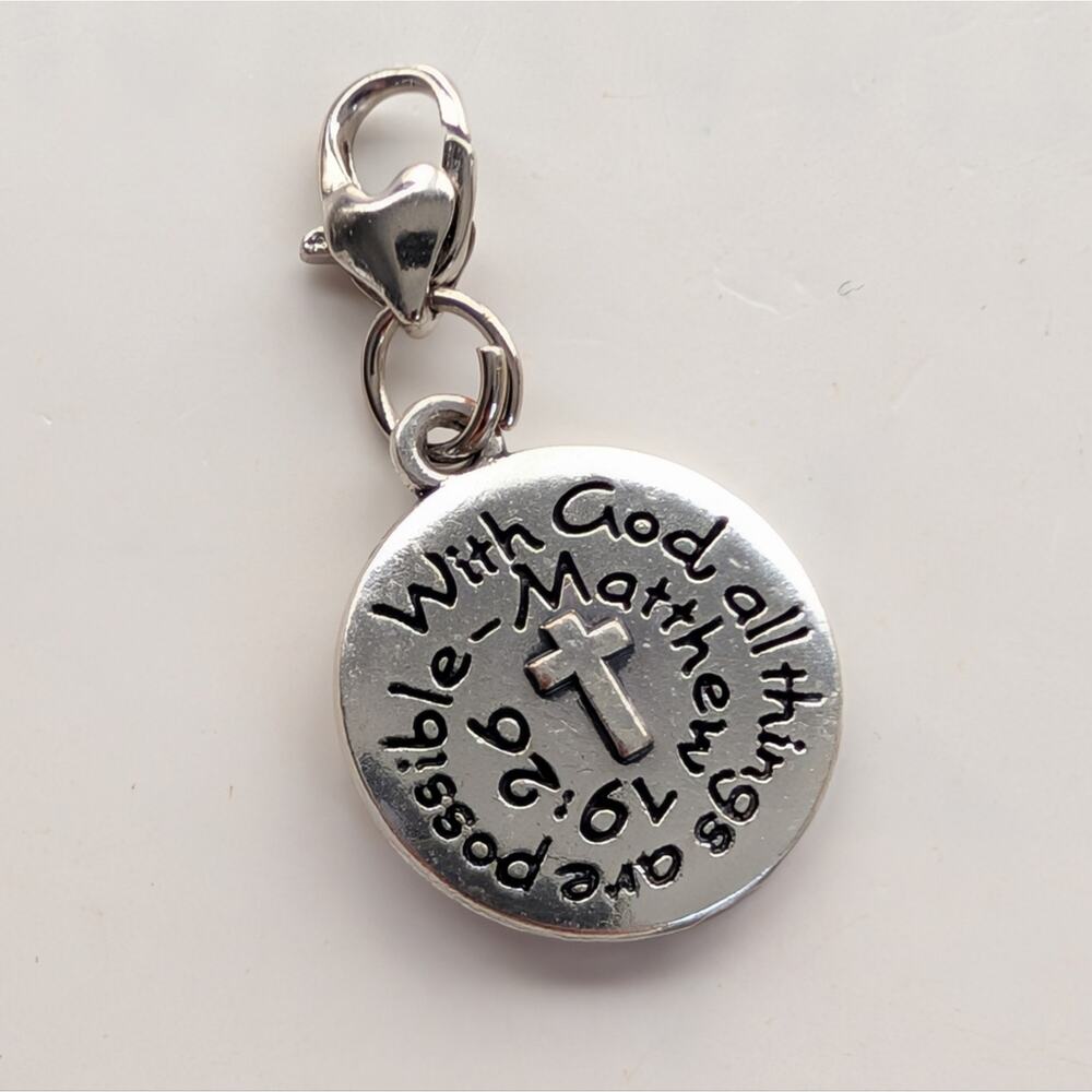 Vintage Silver Tone Matthew 19:26 Religious Christian Mini Bracelet Charm